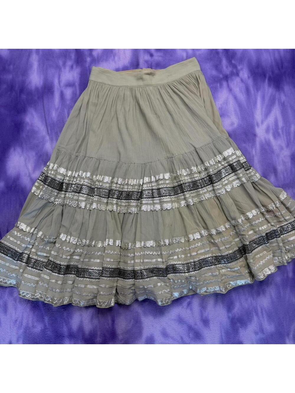 Vintage tiered flared skirt with metallic silver ribbon detail